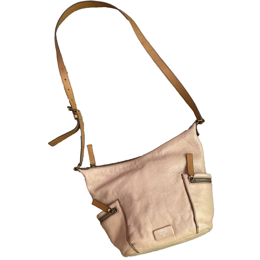 FOSSIL EMERSON Purse Blush Rose & Tan Leather Crossbody Bag Zips Pockets Boho